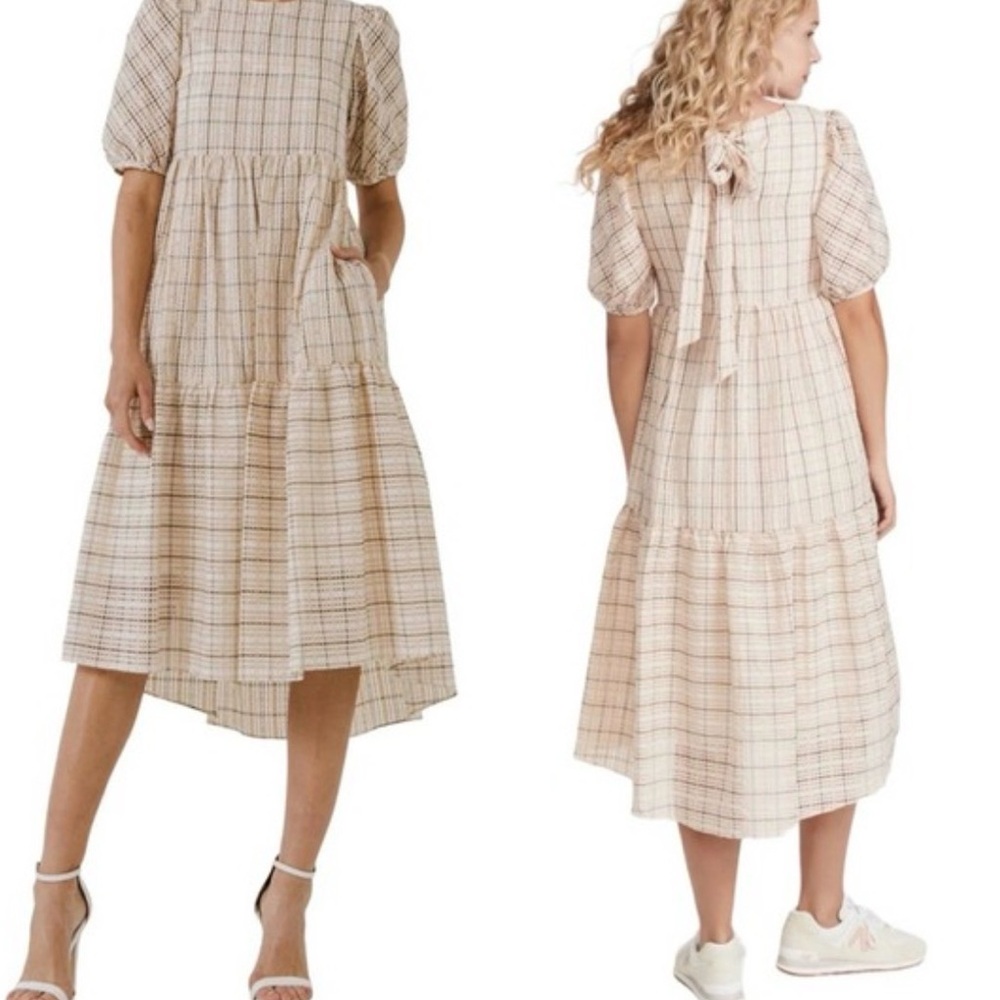 English Factory Plaid Midi Dress in Cream and Brown